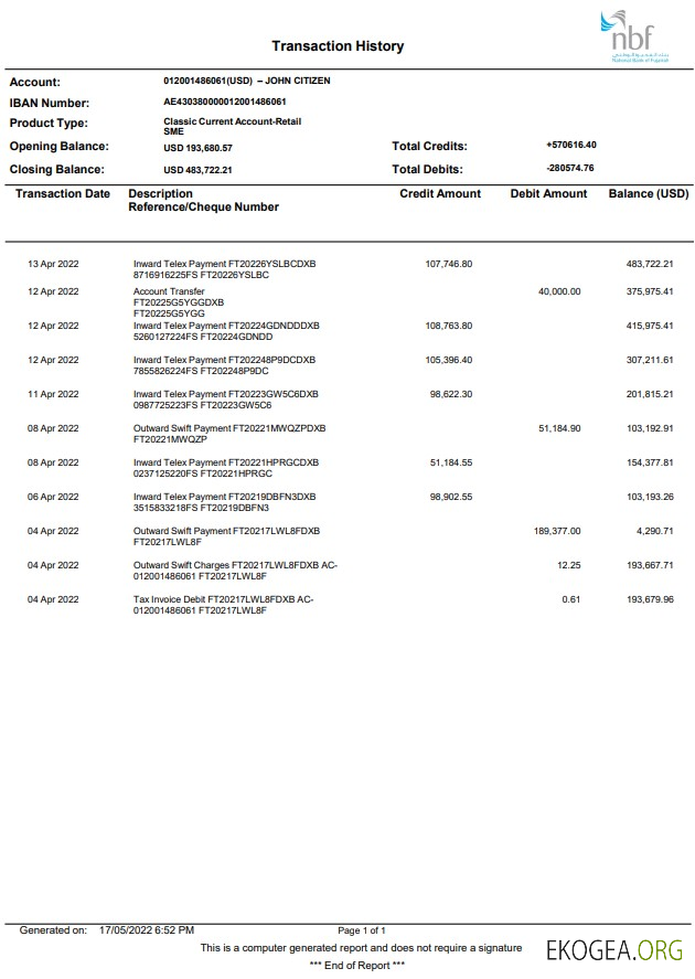 Déclaration de la Banque nationale de Fujeirah (NFB) des Émirats arabes unis